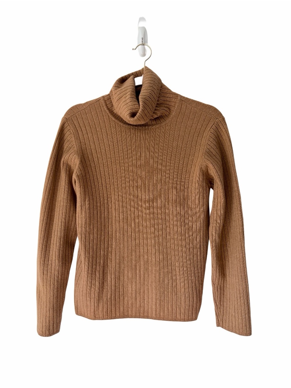 Escada Ribbed Knit Camel Turtleneck Sweater Wool Cashmere Blend size 40 Medium